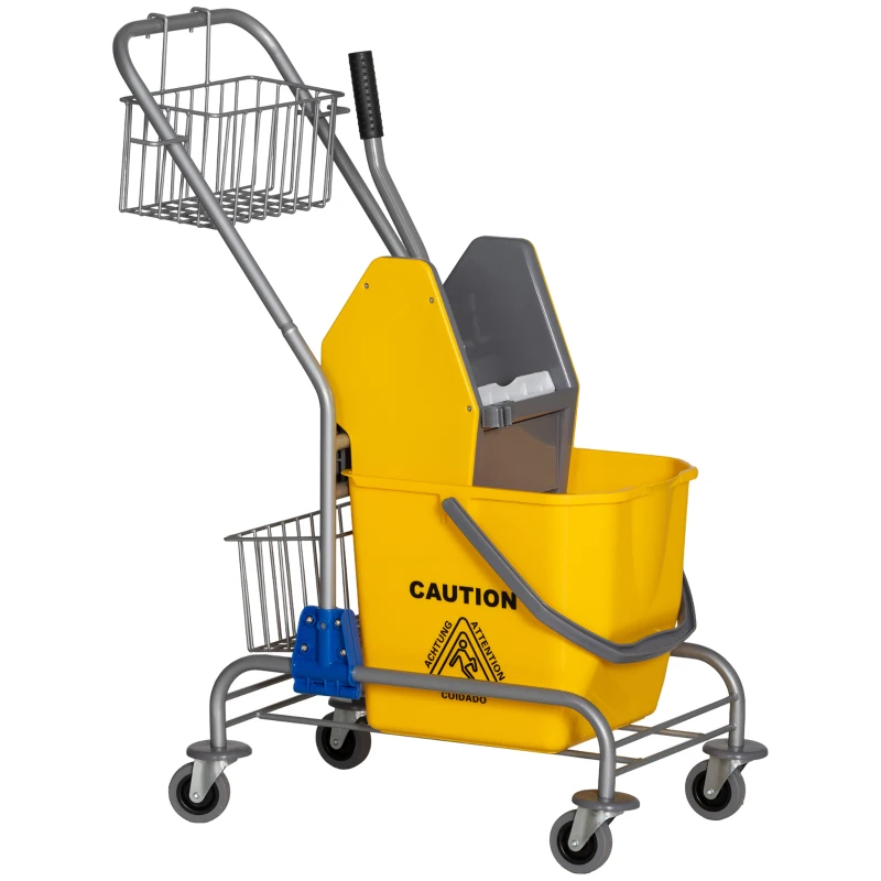 HOMCOM Mopping cart professional cleaning cart jaw-press bucket 26 L + storage baskets yellow