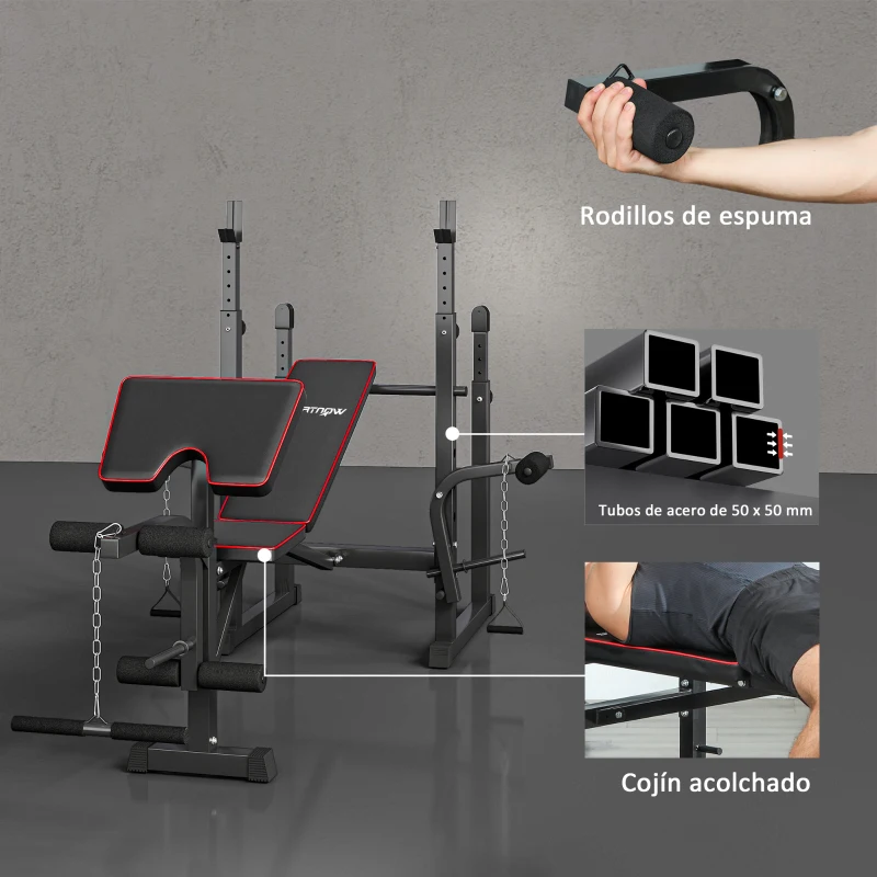 SPORTNOW Banco de Pesas con Soportes para Barra y Respaldo Ajustable para Entrenamiento Completos de Cuerpo Negro