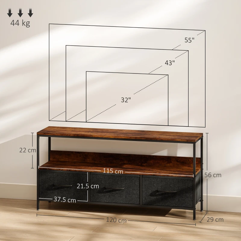 HOMCOM TV stand, TV cabinet for TVs up to 55 inches with 3 drawers and steel legs 120 x 29 x 56 cm rustic brown