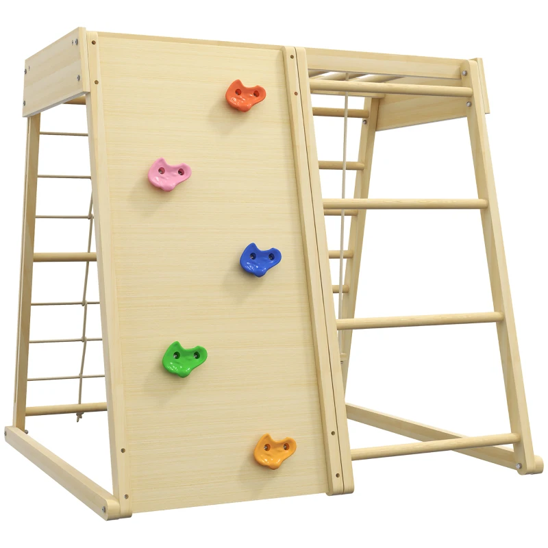 HOMCOM 5-in-1 Climbing Set with Swing, Climbing Wall, Rope and Wooden Monkey Bars for Kids
