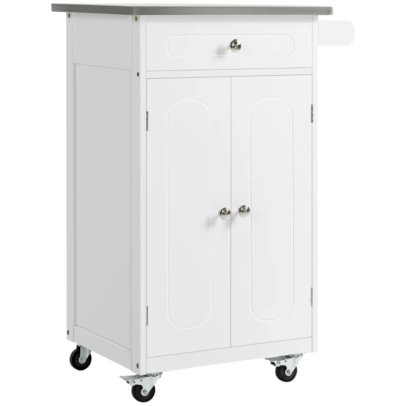 HOMCOM Kitchen trolley serving cart on wheels multi-storage 1 drawer 2-door cabinet with shelf towel holder MDF white stainless steel