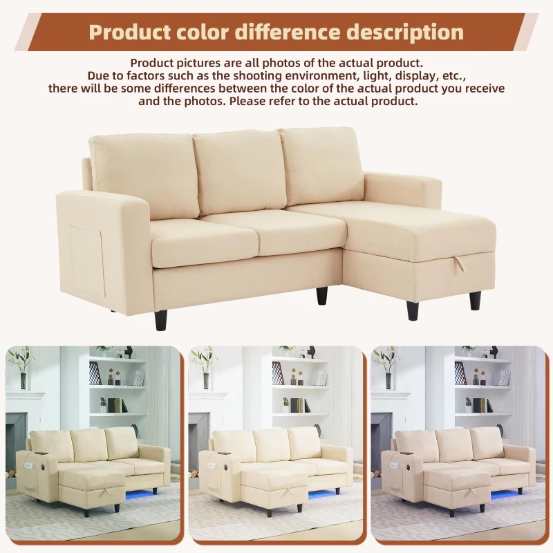 3-seater L-Shaped Sofa Bed with Reversible Chaise, USB and Type-C Charging, Convertible Sleeper for Living Room, 180L x 120W x 72H cm, Beige