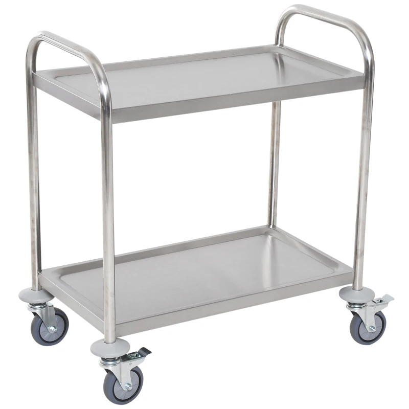 HOMCOM Kitchen Serving Trolley on Wheels, 2 Shelves, 80L x 45l x 82H cm, Chrome-Plated Stainless Steel