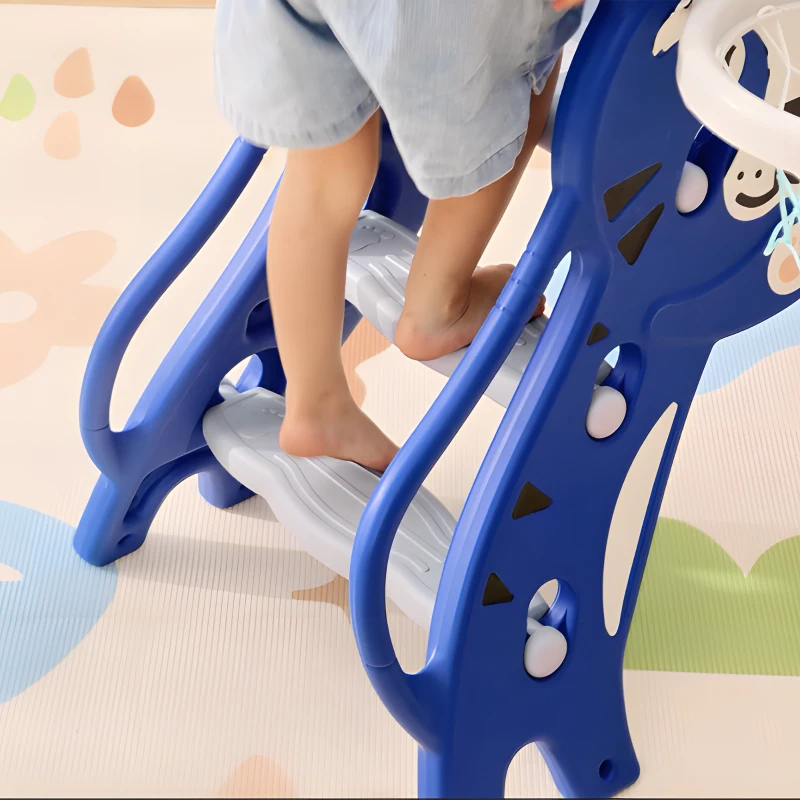 AIYAPLAY Tobogán para Niños de 18 a 36 Meses con 2 Escaleras 1 Canasta de Baloncesto y Patrón de Tigre 133x60x70 cm Azul y Gris