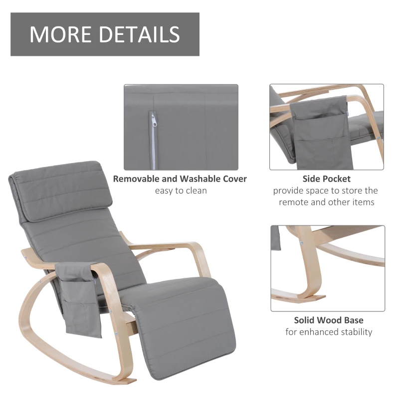 HOMCOM Rocking Chair W/Adjustable Footrest & Side Pocket-Grey