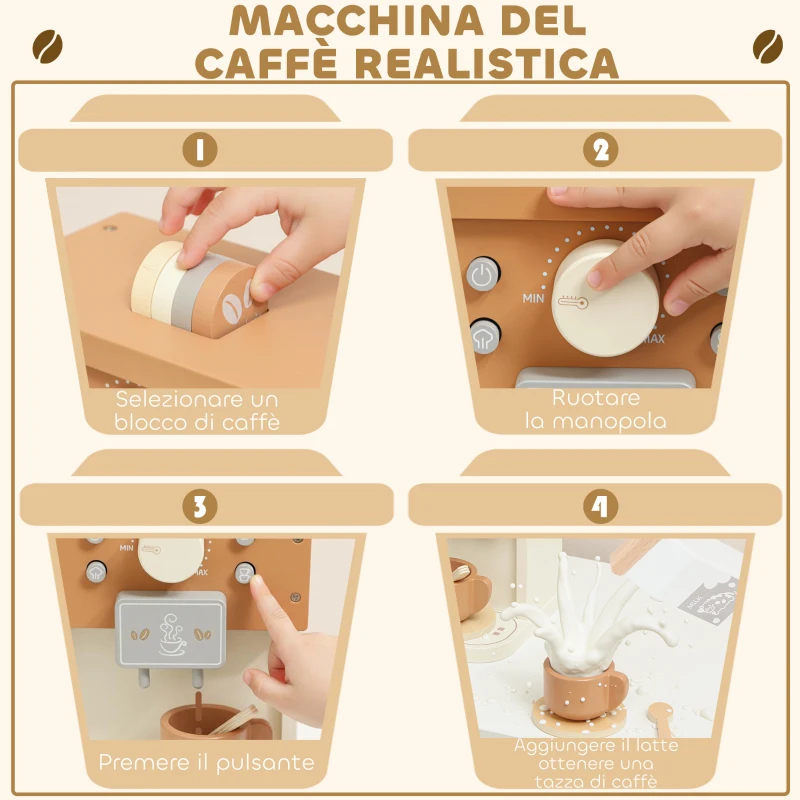 AIYAPLAY Set Macchina del Caffè Giocattolo in Legno per Bambini da 3 Anni con Accessori, Marrone