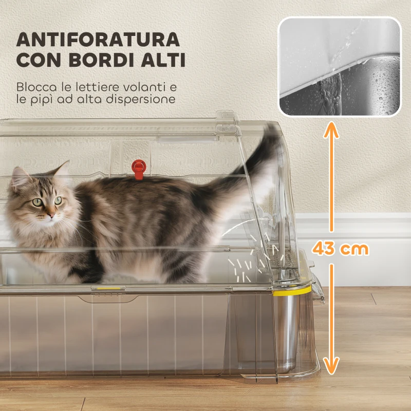 PawHut Lettiera per Gatti Chiusa da 80L con Vassoio Estraibile, in ABS e Acciaio Inox, 63x43x43 cm, Grigio Scuro