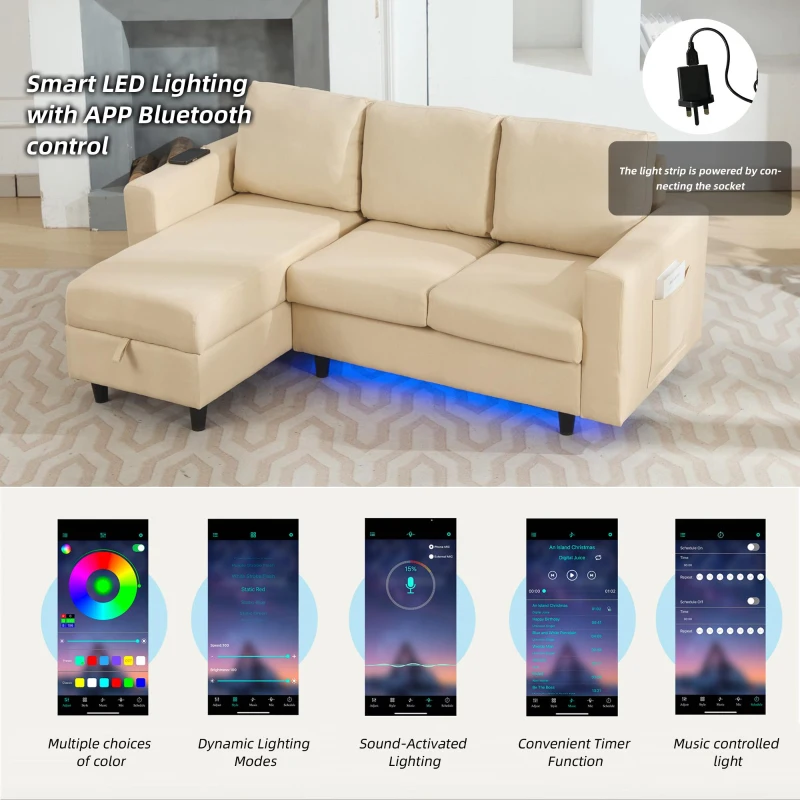 3-seater L-Shaped Sofa Bed with Reversible Chaise, USB and Type-C Charging, Convertible Sleeper for Living Room, 180L x 120W x 72H cm, Beige