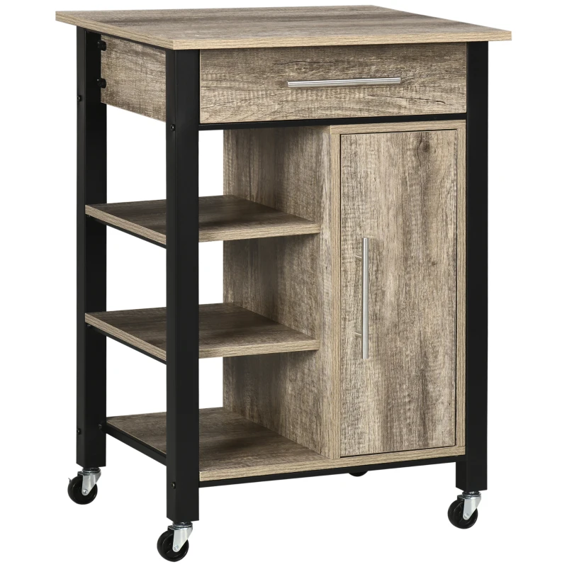 HOMCOM Carrello da Cucina Portavivande con Cassetto, Mensole, Armadietto e 4 Ruote, Legno Truciolare, 60x50x84.5cm, Quercia