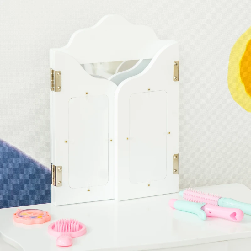 HOMCOM Kids Vanity with Stool, Triptych Mirror and Sliding Drawer - Vanity dim. 63L x 40l x 85.5H cm - White Acrylic