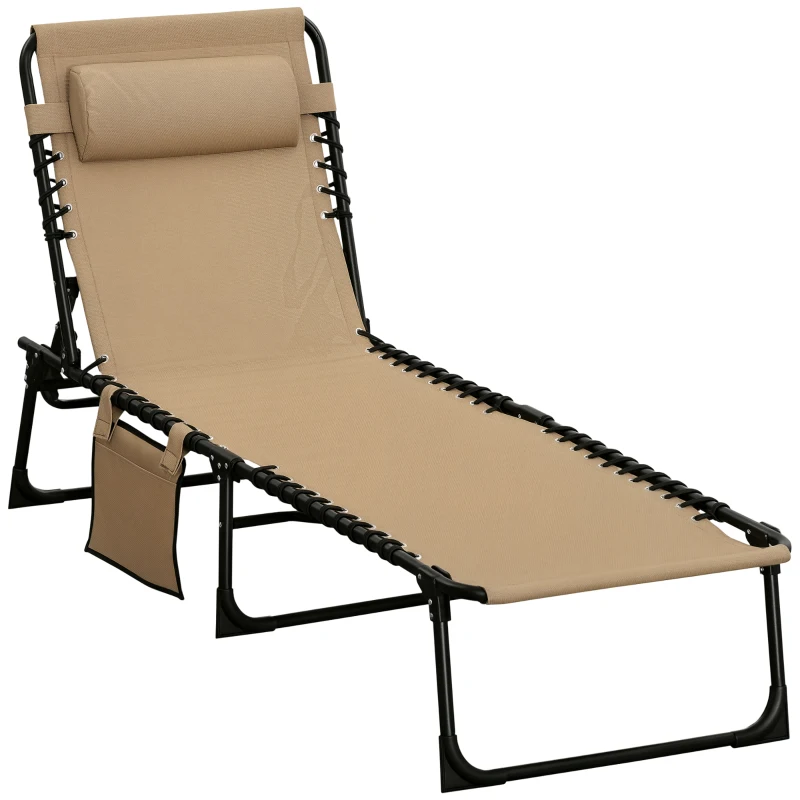 Outsunny Portable Sun Lounger, Folding Camping Bed Cot, Reclining Lounge Chair 5-position Adjustable Backrest with Side Pocket, Pillow for Patio Garden Beach Pool, Beige