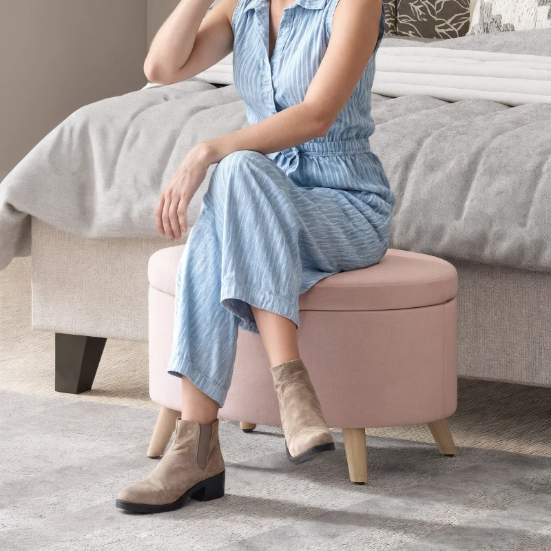 HOMCOM Aufbewahrungs-Pouf Oval Aufbewahrungsbank 71x51,5x42 cm Samtbezogen mit Massivholzbeinen Hellrosa