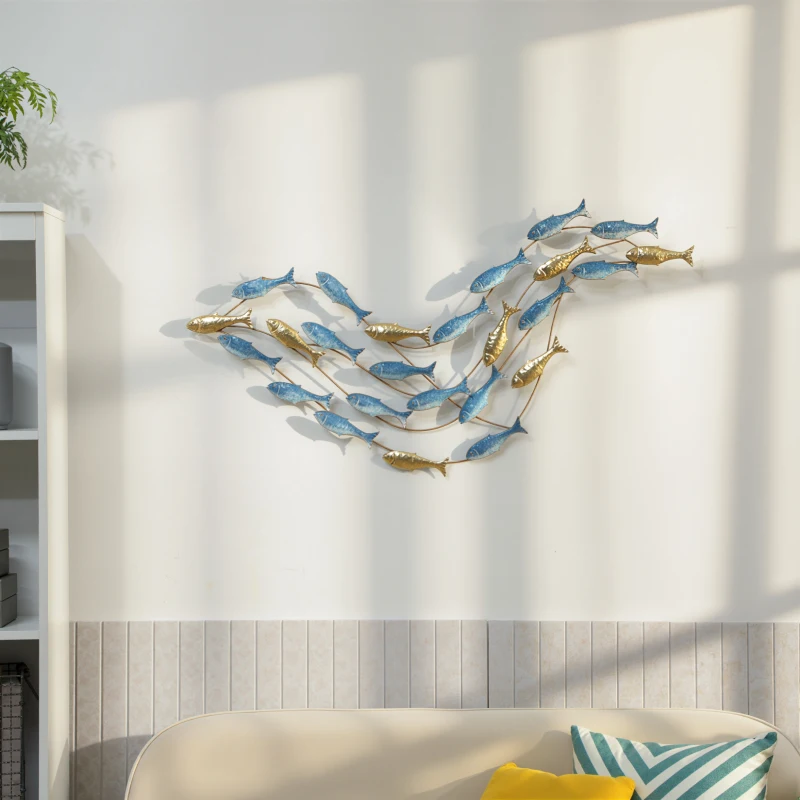 HOMCOM Modern metal wall decoration, metal wall sculpture with unique fish pattern, 100 x 50 cm, light blue