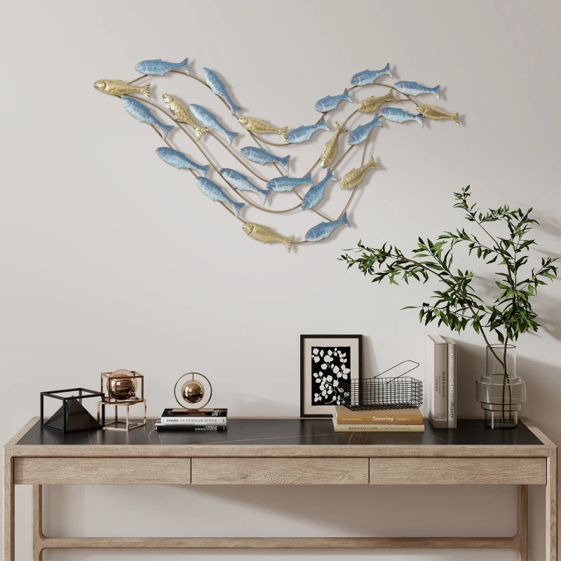 HOMCOM Modern metal wall decoration, metal wall sculpture with unique fish pattern, 100 x 50 cm, light blue