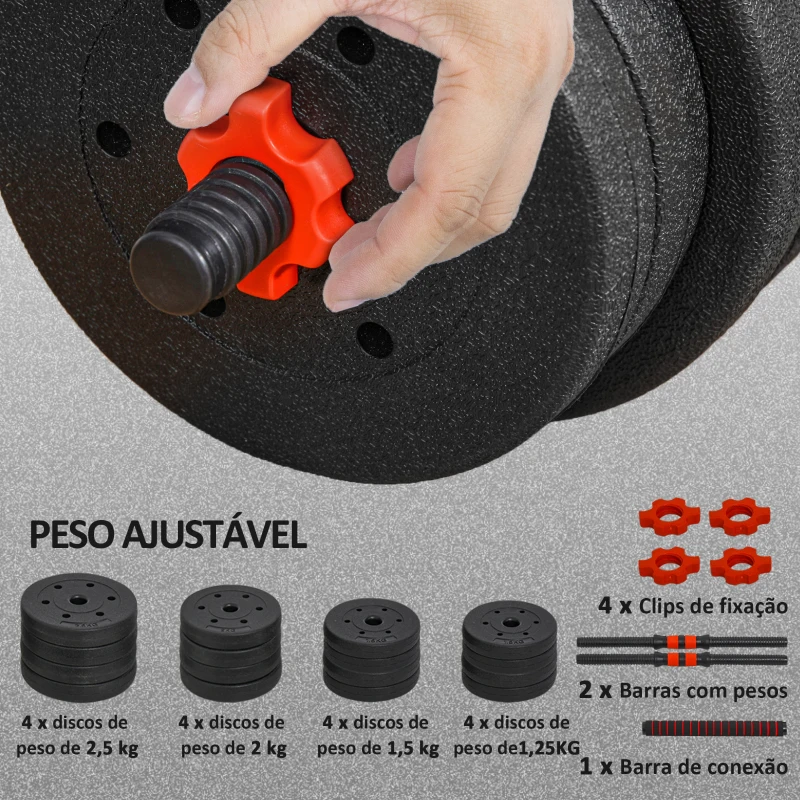 HOMCOM Conjunto de Halteres de 30 kg 2 em 1 com Barras de Conexão e Barra de Extensão Treinamento de Força e Levantamento de Pesos Preto
