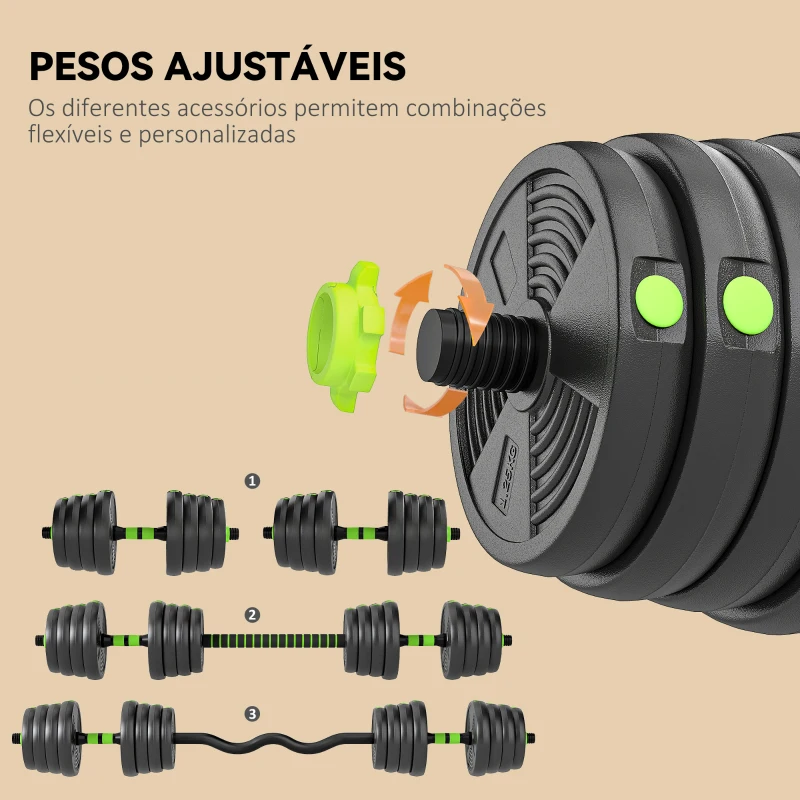 SPORTNOW Conjunto de Halteres Ajustáveis 3 em 1 30 kg Conjunto de Pesos com Barras de Conexão e Pegas Antiderrapantes Verde
