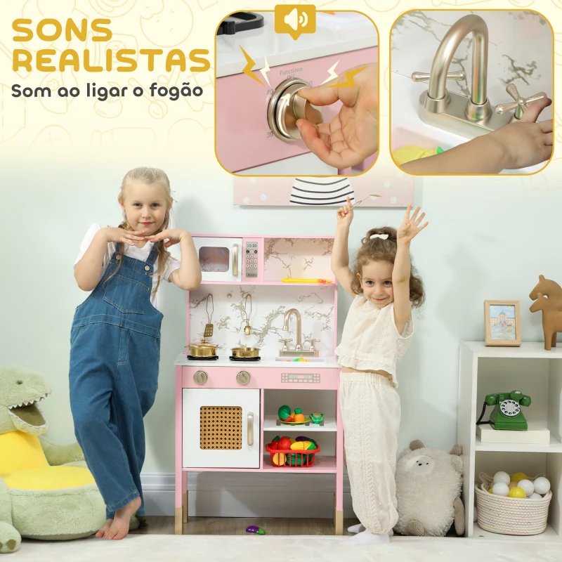 AIYAPLAY Cozinha de Brincar em Madeira com Som Acessórios em Aço Inoxidável Micro-Ondas Forno Lava-Loiças Legumes para Cortar 55x24x96 cm Rosa