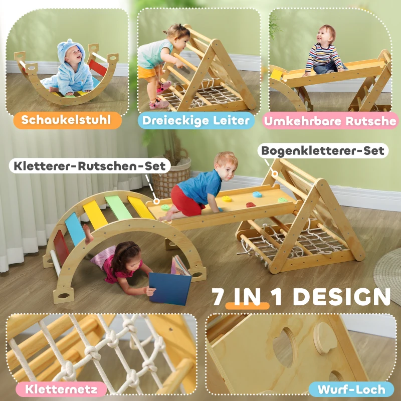 AIYAPLAY Klettergerüst Indoor, 7 in 1 Kletterdreieck mit Rutsche, Kletterbogen, Mehrfarbig