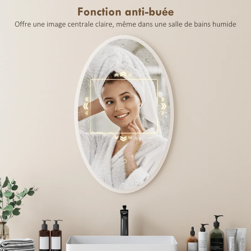 HOMCOM Miroir salle de bain avec éclairage 80 x 50 cm, miroir LED ovale, anti-buée, 3 couleurs lumière, dimmable, transparent