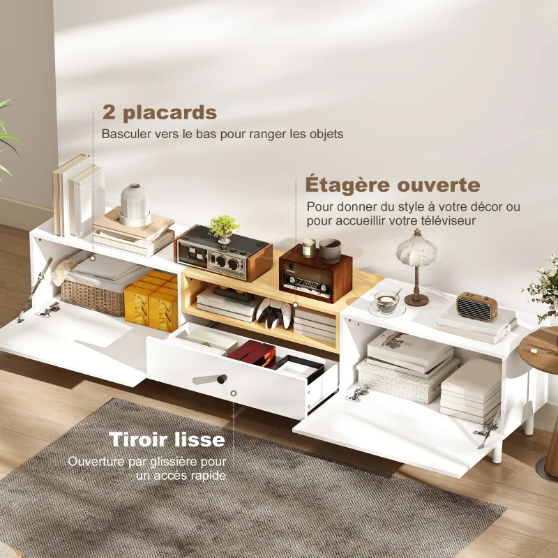 HOMCOM Meuble TV, meuble télé pour téléviseur jusqu'à 90 pouces avec 2 portes rabattables, tiroir, 200 x 35 x 45 cm, blanc