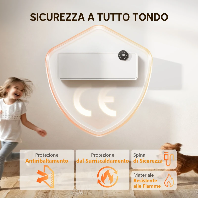 HOMCOM Stufa Ceramica Elettrica 2000W da Parete con 3 Modalità, Temperatura Regolabile, Timer e Telecomando, Bianco