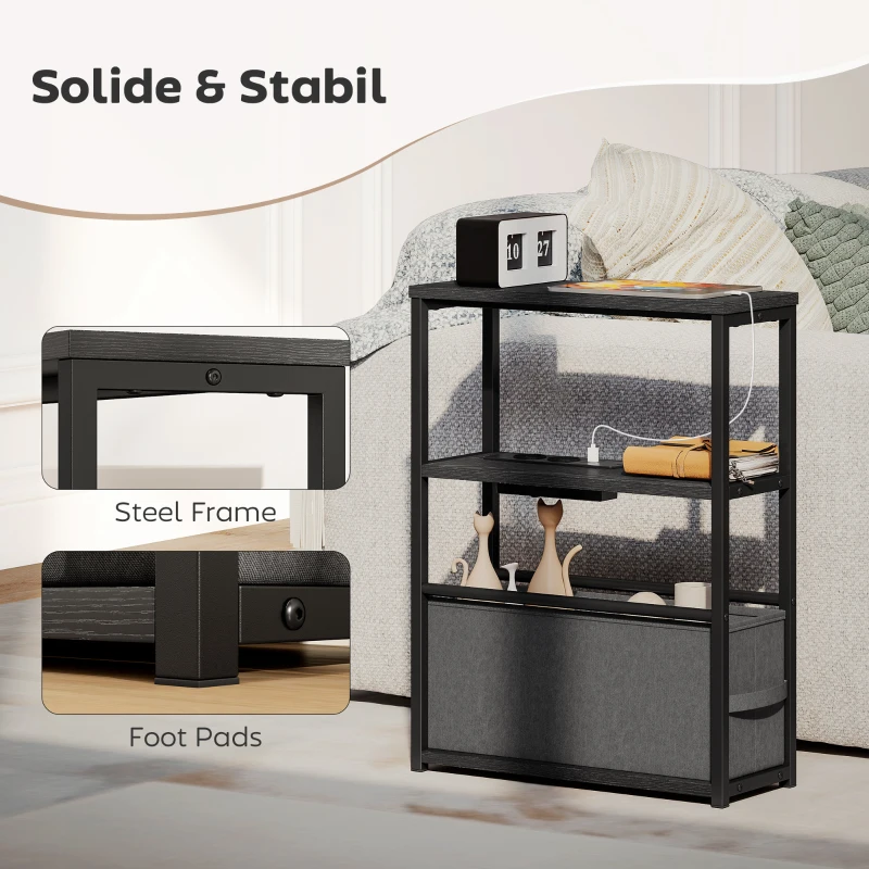 HOMCOM Stolik boczny do sofy z listwą zasilającą, półką, do małych pomieszczeń, 45x18x60,2cm, Czarny