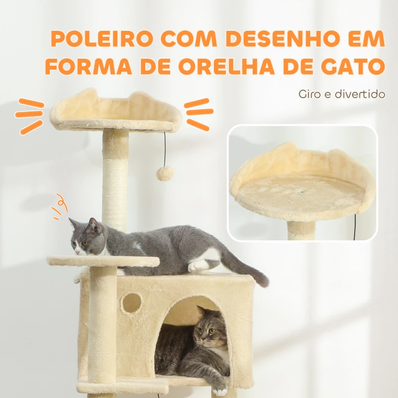 PawHut Arranhador para Gatos com Múltiplas Plataformas Cama 2 Cavernas Rede Escada Postes de Sisal 48x48x160 cm Bege