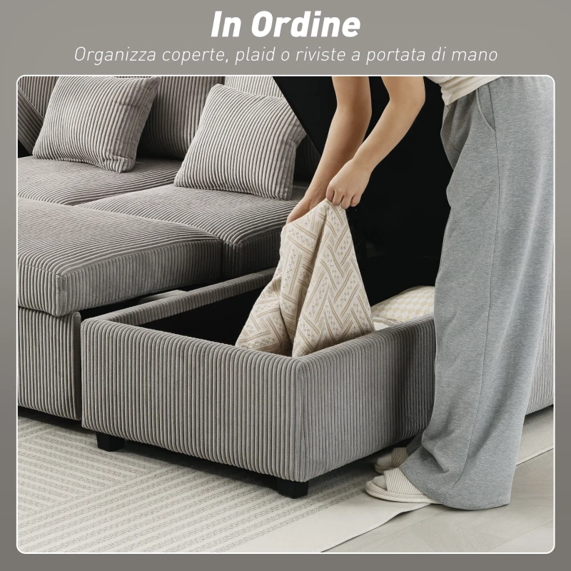 HOMCOM Divano Letto Moderno a U con 2 Chaise Longue e Vani Contenitore, Velluto a Coste, 282x140x86 cm, Grigio