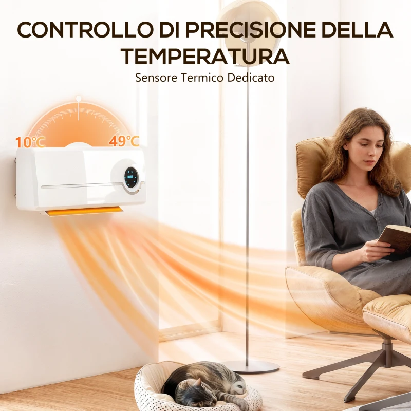 HOMCOM  Stufa Ceramica 2000W a Parete con 3 Modalità, Temperatura Regolabile, Timer, Telecomando, Blocco Bambini, Bianco