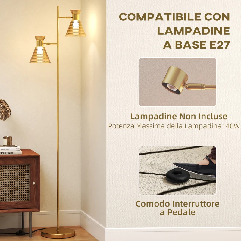 HOMCOM Lampada da Terra Moderna con 2 Luci e Teste Regolabili, Interruttore a Pedale, Oro