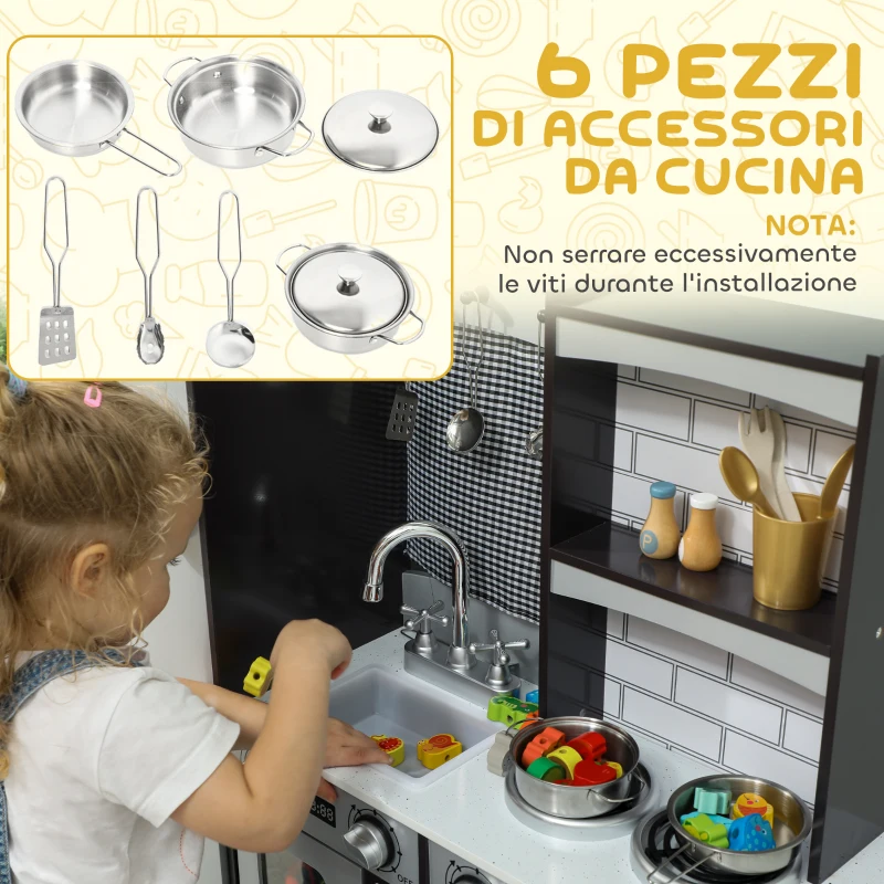 AIYAPLAY Cucina Giocattolo per Bambini 3-8 Anni in Legno con Accessori, Frigo, Lavandino e Manopole con Suoni, Marrone