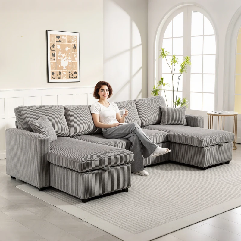 HOMCOM Divano Letto Moderno a U con 2 Chaise Longue e Vani Contenitore, Velluto a Coste, 282x140x86 cm, Grigio