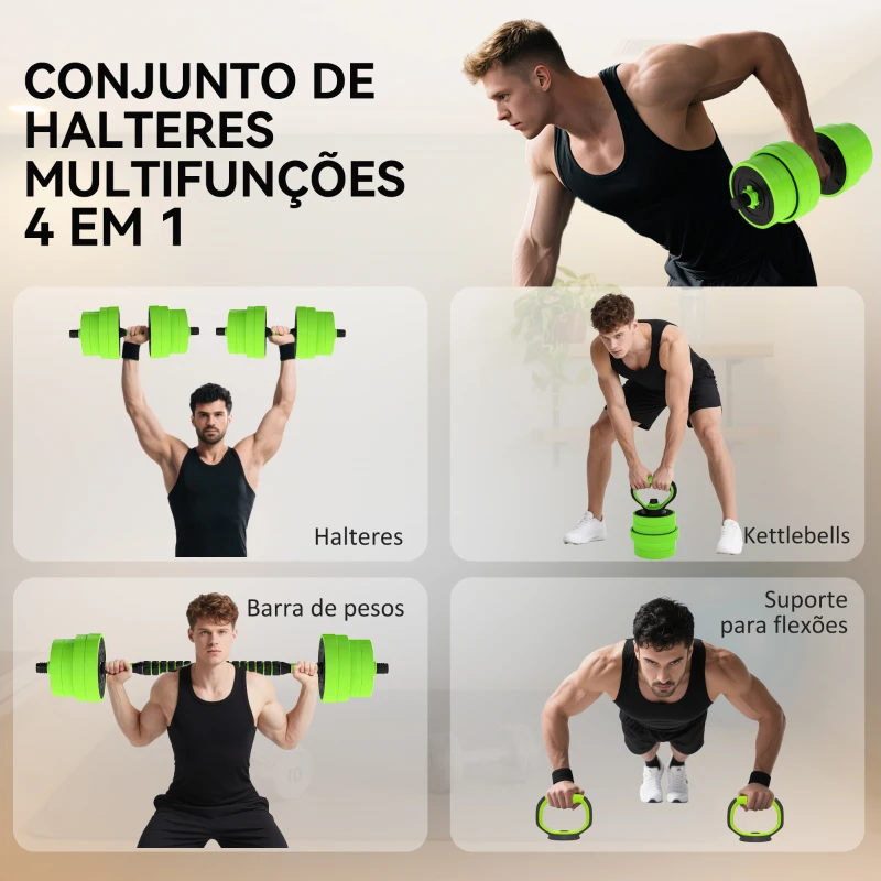 SPORTNOW Conjunto de Halteres 30 kg 4 em 1 Conjunto de Pesos com Kettlebell Barra de Pesos para Treino de Força em Casa Ginásio Verde