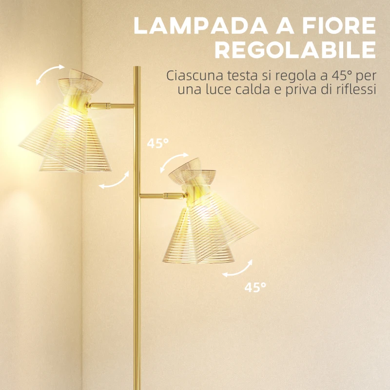 HOMCOM Lampada da Terra Moderna con 2 Luci e Teste Regolabili, Interruttore a Pedale, Oro