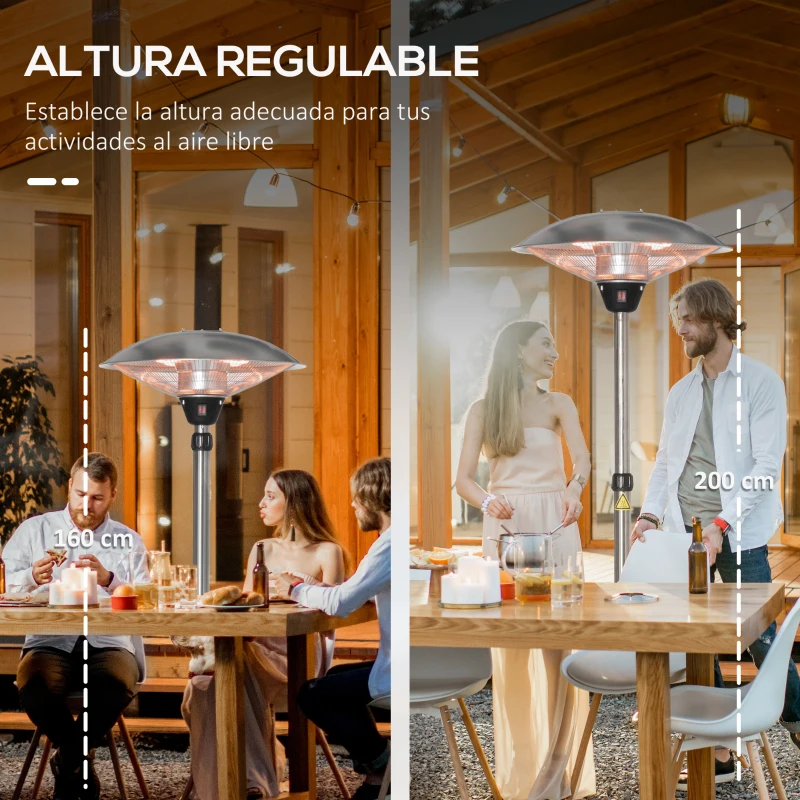 Outsunny Calefactor de Pie de Exterior 1200/1800/3000W Estufa de Infrarrojos con Altura Ajustable Ø58,5x160-200 cm Plata