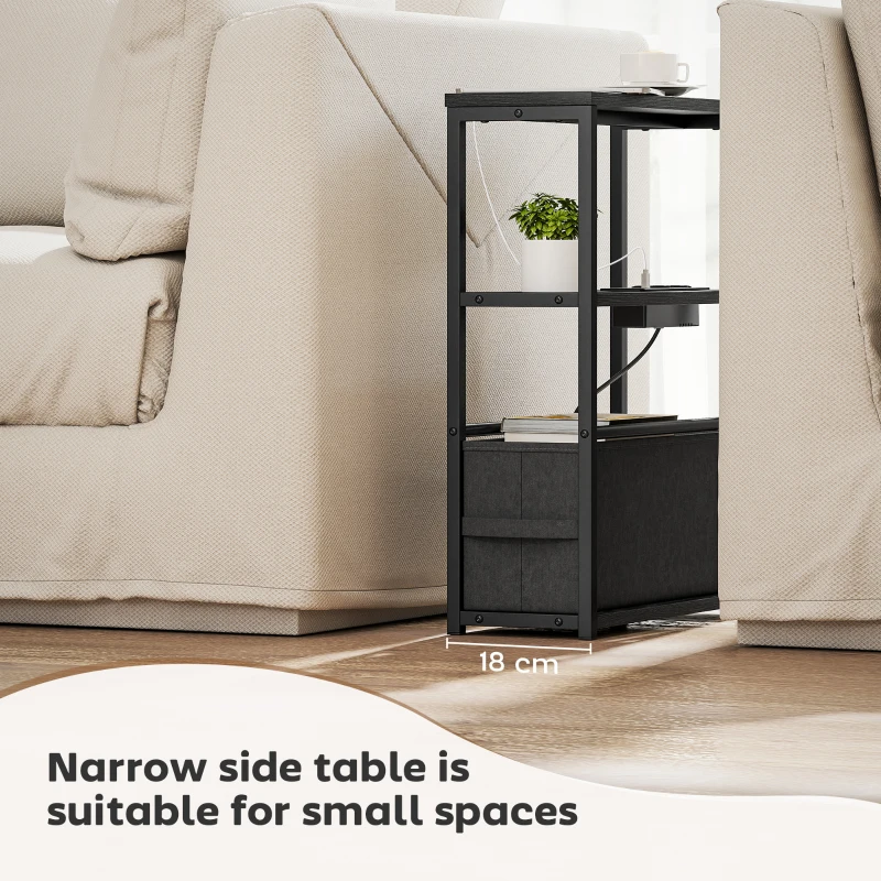 HOMCOM Stolik boczny do sofy z listwą zasilającą, półką, do małych pomieszczeń, 45x18x60,2cm, Czarny