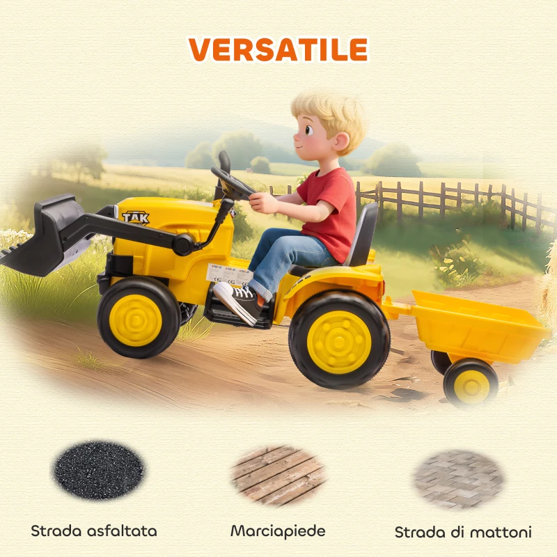 AIYAPLAY Escavatore per Bambini Elettrico 12V con Benna, Rimorchio e Telecomando, Età 3-8 Anni, Giallo