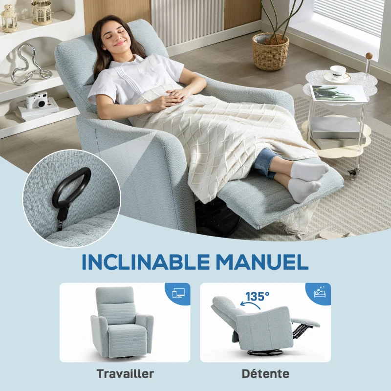 HOMCOM Fauteuil inclinable, fauteuil de relaxation avec repose-pieds, pivotant à 360°, basculant, 82 x 90,5 x 101 cm, gris-bleu
