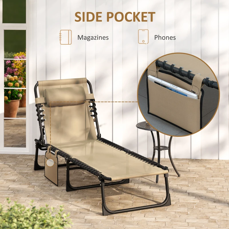 Outsunny Portable Sun Lounger, Folding Camping Bed Cot, Reclining Lounge Chair 5-position Adjustable Backrest with Side Pocket, Pillow for Patio Garden Beach Pool, Beige