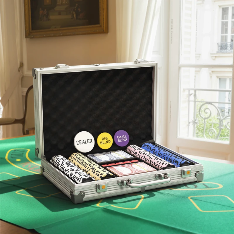 SPORTNOW Set de fichas de póquer en maletín, con dados, botón de dealer, 2 barajas, color plateado