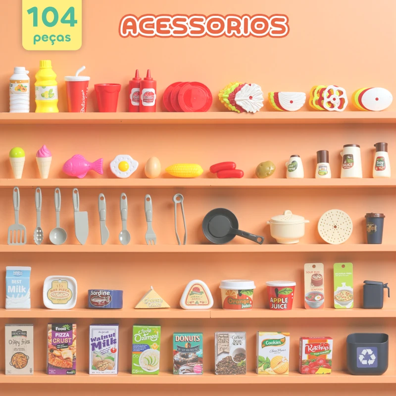 AIYAPLAY Cozinha de Brincar com Luz e Som Cozinha para Crianças com Acessórios Panelas Utensilios e Alimentos Falsos 52,5x22x100 cm Rosa