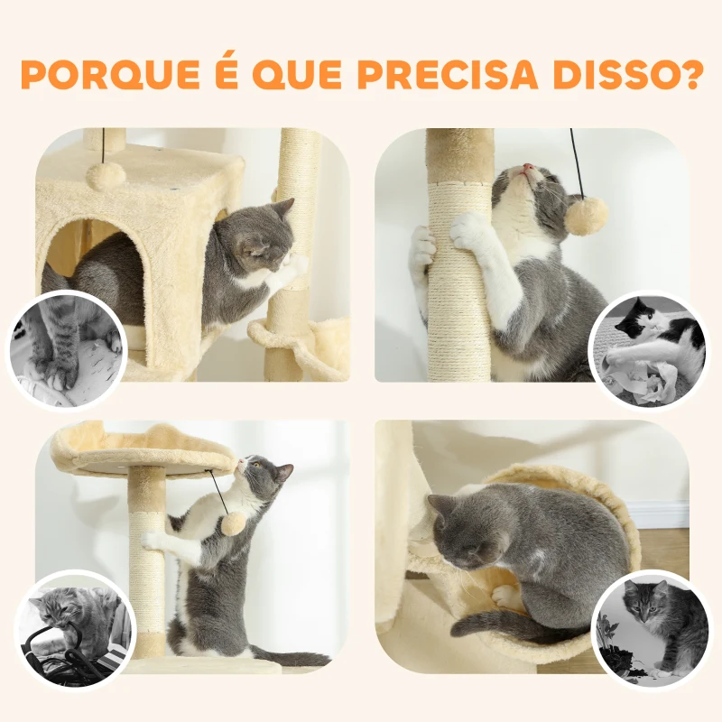 PawHut Arranhador para Gatos com Múltiplas Plataformas Cama 2 Cavernas Rede Escada Postes de Sisal 56x56x180 cm Bege