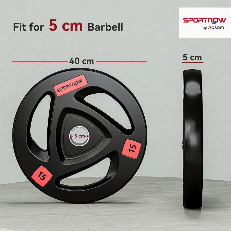 SPORTNOW Two 15kg Olympic Weight Plates, Tri-Grip Rubber-Coated Barbell Weights, with 5cm Holes, for Home, Gym, Office