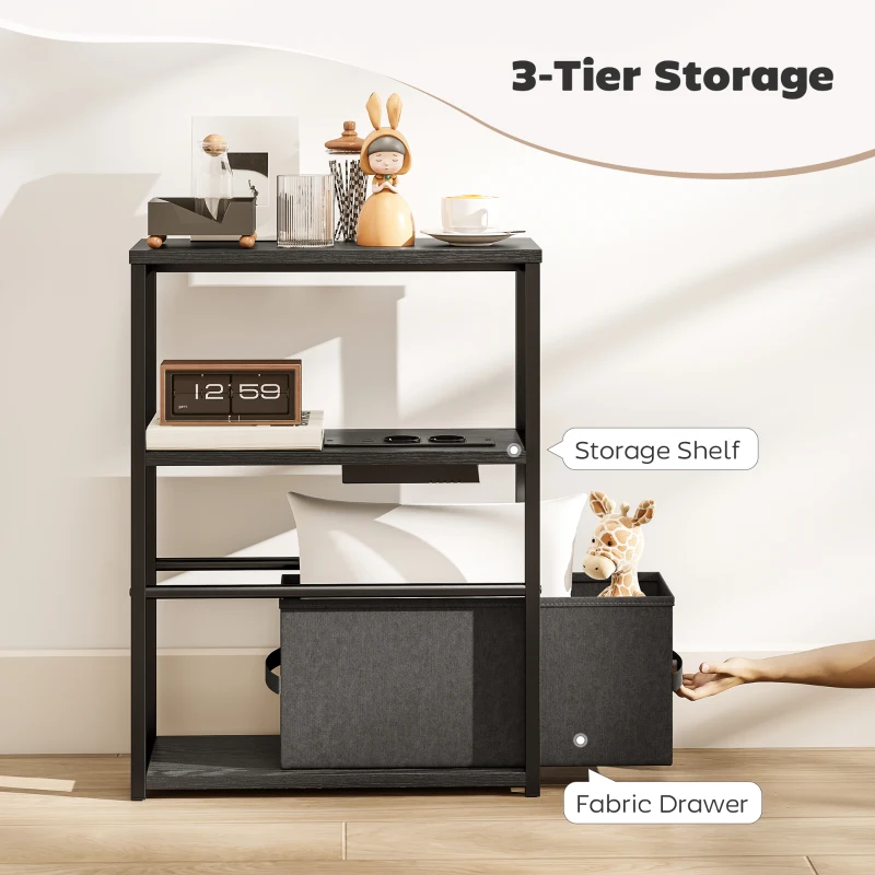 HOMCOM Stolik boczny do sofy z listwą zasilającą, półką, do małych pomieszczeń, 45x18x60,2cm, Czarny