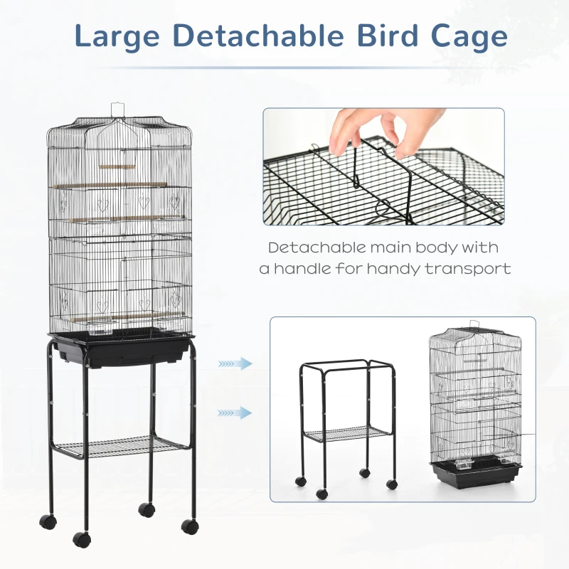 PawHut Bird Cage for Finch Budgie Cage with Stand Wheels, Slide-out Tray, Accessories, Storage Shelf, Black 46.5 x 36 x 157 cm