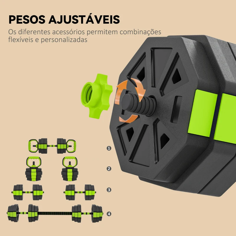 SPORTNOW Conjunto de Halteres Ajustáveis 4 em 1 25 kg Conjunto de Pesos Utilizado como Kettlebell Barra Halteres ou Suporte para Flexões Verde