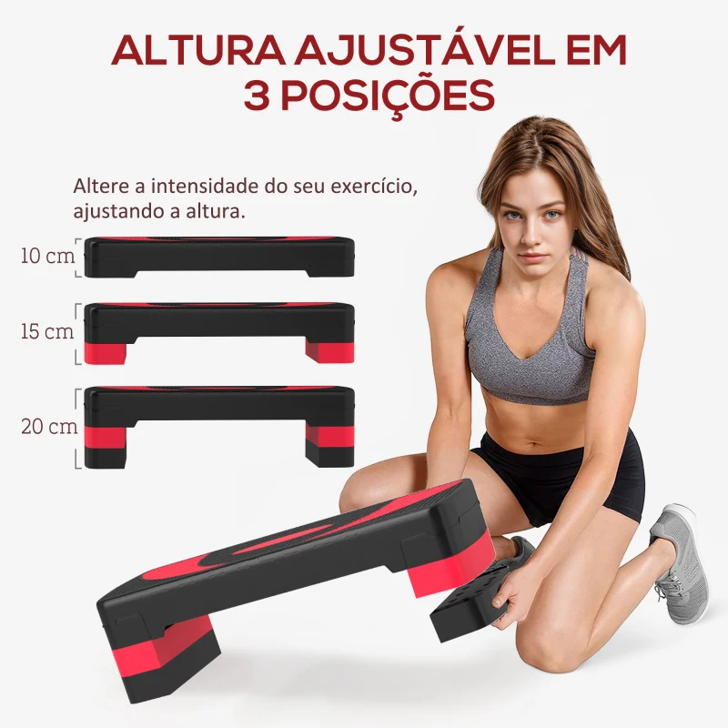 HOMCOM Step para Exercício Aeróbico Plataforma Step com Altura Ajustável em 3 Níveis 80x31x10-20 cm Vermelho e Preto