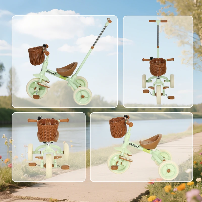 AIYAPLAY Triciclo para Bebés 2 em 1 Triciclo Evolutivo para Crianças com Barra Parental Ajustável Apoio para Pés Rebatível e Cesto 93,5x47x96 cm Verde