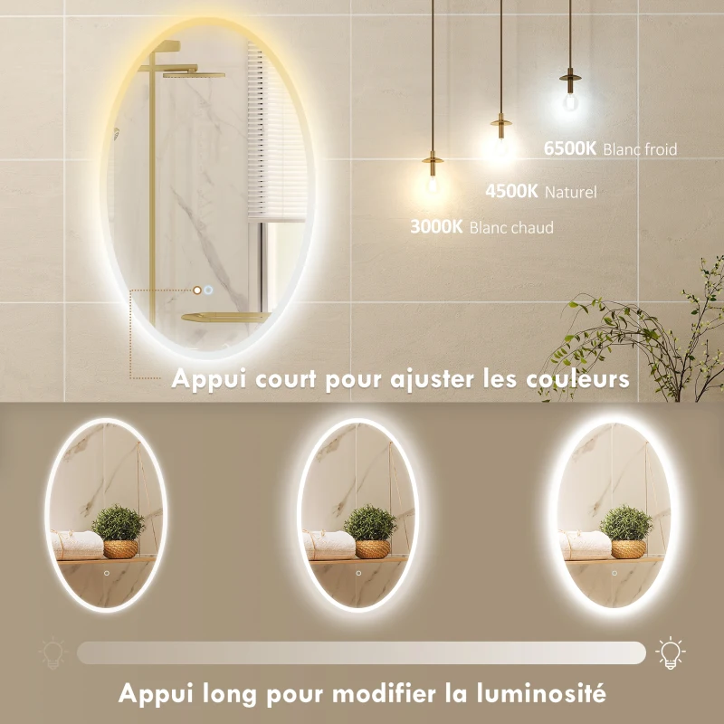 HOMCOM Miroir salle de bain avec éclairage 80 x 50 cm, miroir LED ovale, anti-buée, 3 couleurs lumière, dimmable, transparent