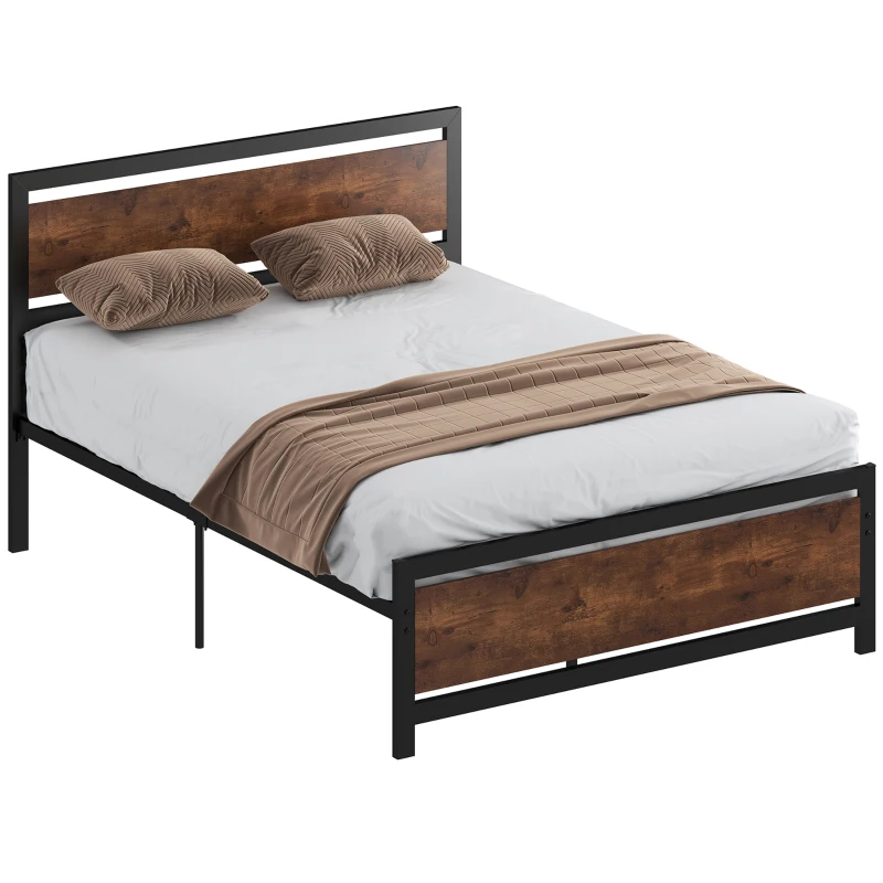 HOMCOM Cadre de lit double en acier avec sommier et tête de lit compatible matelas 190 x 140 cm brun rustique